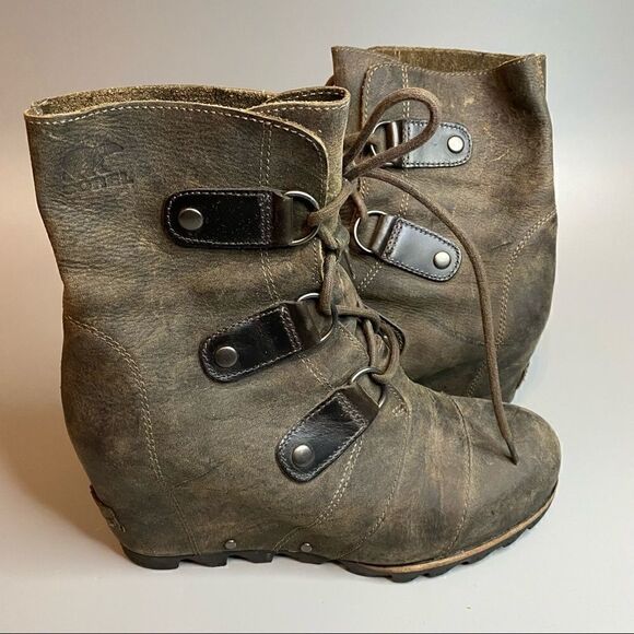Sorel Joan of Arctic Lace Up Wedge Lexie Wedge Grill Brown Leather 7.5 - Picture 1 of 6